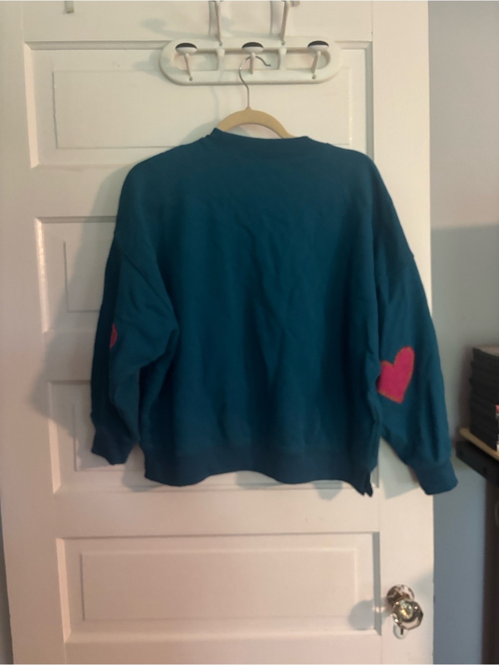Natural Life Loved Heart Patch Teal Crewneck Sweater - Picture 5 of 6